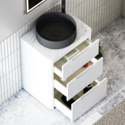 Royal Bathrooms Avenza 600mm Matt White Floor Standing Countertop Bathroom Vanity Unit 3 Drawer With Art Round Black Basin - thumbnail 5