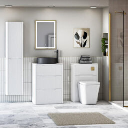 Royal Bathrooms Avenza 600mm Matt White Floor Standing Countertop Bathroom Vanity Unit 3 Drawer With Art Round Black Basin - thumbnail 4