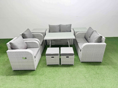 Fimous 8 Seater Rattan Garden Furniture Set Outdoor Love Sofa Set With Dining Table 2 Side Tables 2 Small Footstools Light Grey - image 1