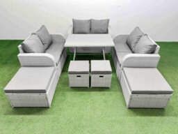 Fimous 10 Seater Patio Garden Furniture Sets With Dining Table Love Sofa 4 Stools Light Grey - thumbnail 1
