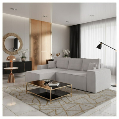 Malaga L Shaped Mdf Corner Sofa Bed With Storage And Pull Out Seat Loose Back Cushions Light Grey Corduroy Left - image 1
