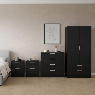 Lassic Vida Designs Trega 4 Piece Bedroom Set (2 Drawer Bedside Chest X2, 4 Drawer Chest, 2 Door 2 Drawer Wardrobe) Black - image 1