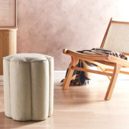 Beliani Linen Pouffe Round 39Cm Diameter X 34Cm High Beige - Faux Linen Footstool For Modern Living Rooms - thumbnail 2