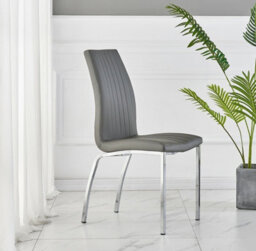 Furnizone UK Set Of 2 Dining Chairs - Modalux Modern Dining Chairs - Grey Faux Leather Chrome Legs Dining Chairs - Kitchen Dining Room Chairs