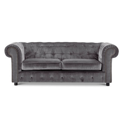 Furnishings For Less UK Ashbourne Chesterfield Large Grey Velvet Fabric 3 Seater Sofa Studded Design - image 1