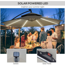 Outsunny 3(M) Cantilever Parasol Hanging Banana Umbrella W/ Lights, Light Grey - thumbnail 4