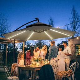 Outsunny 3(M) Cantilever Parasol Hanging Banana Umbrella W/ Lights, Light Grey - thumbnail 1