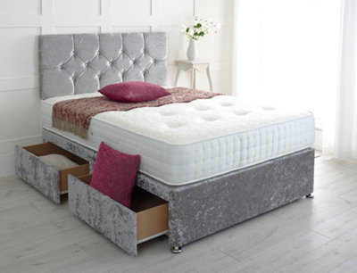 Adore Designs Diamond Cut Crushed Velvet Divan Bed, With Pocket Mattress - 5Ft Kingsize - Grey - 0 Drawers - image 1