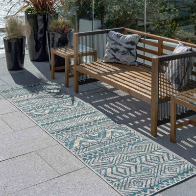 Loomed Blue Aztec Tribal Flatweave Indoor Outdoor Runner Rug 60X240Cm - image 1