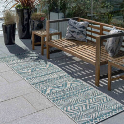 Loomed Blue Aztec Tribal Flatweave Indoor Outdoor Runner Rug 60X240Cm