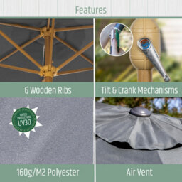 Gardenkraft 2M Outdoor Wooden Effect Parasol - Dark Grey - thumbnail 3