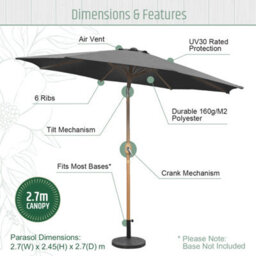 Gardenkraft 2M Outdoor Wooden Effect Parasol - Dark Grey - thumbnail 4
