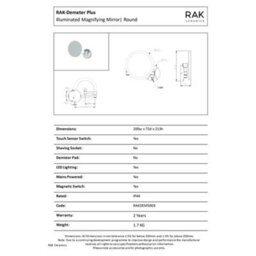 RAK Ceramics Rak Demeter Plus 200mm Round Chrome Magnetic Switch Illuminated Magnifying Bathroom Mirror Ip44 - thumbnail 2
