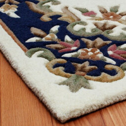 Handmade Borderded Floral Easy To Clean Cream Blue Traditional Wool Rug For Living Room & Bedroom-120Cm X 180Cm - thumbnail 2