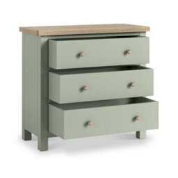 Farro Sage 3 Drawer Chest With Washed Oak Top - Fully Assembled - By Roseland Furniture - thumbnail 6