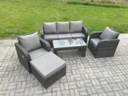 Fimous Wicker Pe Rattan Garden Furniture Set Outdoor Lounge Sofa Set With Reclining Chair Coffee Table Big Footstool Dark Grey - thumbnail 2