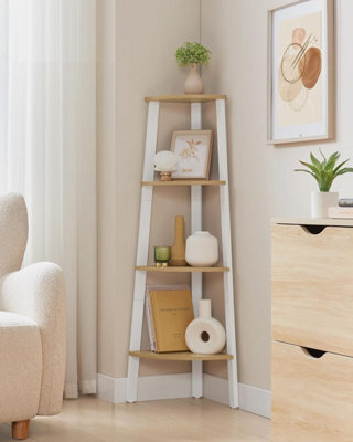 Industrial Corner Shelf, 4-Tier Ladder Shelf, Bookshelf Or Plant Stand, Stylish Furniture, Natural Oak And Matte White - image 1