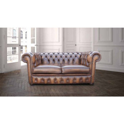 Chesterfield 2 Seater Antique Tan Real Leather Tufted Buttoned Sofa Settee In Classic Style - image 1