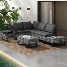 Elegant Poly Rattan Garden Lounge Set, 4-5 Seating With Corner Sofa, Table & Washable Cushions, Grey - thumbnail 1