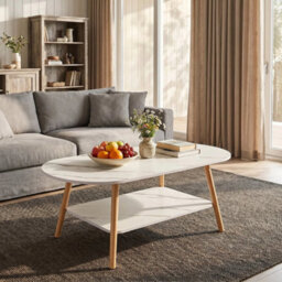 White Marble Oval Coffee Table 2 Tier White & Marble Finish Sofa Side Table For Home Office - thumbnail 3