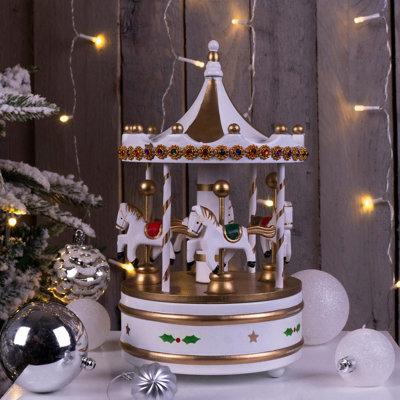 White & Gold Wooden Carousel Music Box Christmas Decoration - Fully Mechanical Rotating Festive Xmas Go Round Ornament