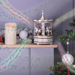 White & Gold Wooden Carousel Music Box Christmas Decoration - Fully Mechanical Rotating Festive Xmas Go Round Ornament - thumbnail 2