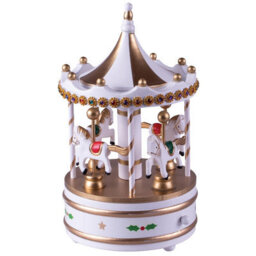 White & Gold Wooden Carousel Music Box Christmas Decoration - Fully Mechanical Rotating Festive Xmas Go Round Ornament - thumbnail 4