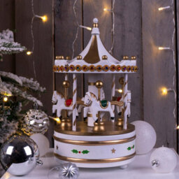 White & Gold Wooden Carousel Music Box Christmas Decoration - Fully Mechanical Rotating Festive Xmas Go Round Ornament - thumbnail 1