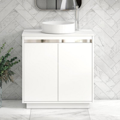 Royal Bathrooms Orion 800mm Matt White Floor Standing Plain White Countertop Vanity Unit 2 Door With Art Basin & Chrome Accent Trim - image 1