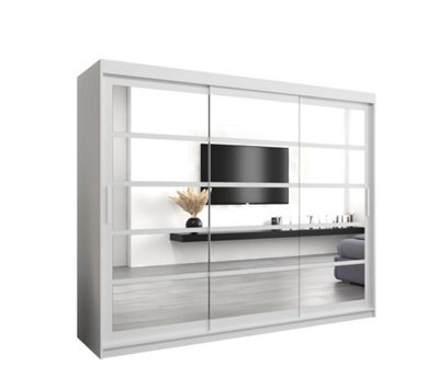 Arte Elegant White Sliding Door Wardrobe H2000mm W2500mm D620mm With Mirrored Panels And Silver Handles - image 1