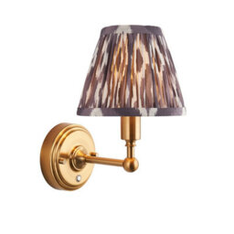 Luminosa Lighting Luminosa Burley Rechargeable Brushed Aged Brass Plate Wall Light With Pearl Grey Fabric Ikat Shade 16Cm Integrated Led