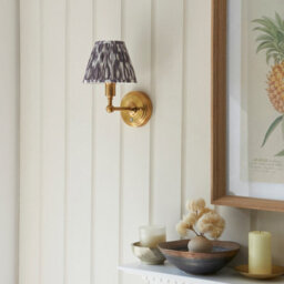 Luminosa Lighting Luminosa Burley Rechargeable Brushed Aged Brass Plate Wall Light With Pearl Grey Fabric Ikat Shade 16Cm Integrated Led - thumbnail 3