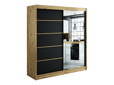Arte Leto V2 Contemporary 2 Sliding Mirror Door Wardrobe 9 Shelves 2 Rails Black Matt And Oak Effect (H)2000mm (W)2000mm (D)620mm - image 1