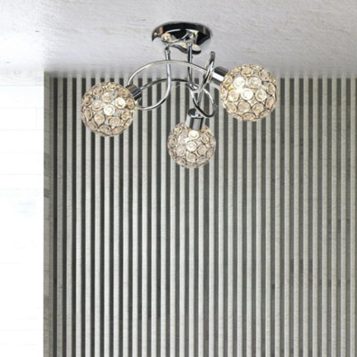 Modern 3 Way Flush Chrome Ceiling Light Fitting Jewelled Metal Ball Shades - image 1