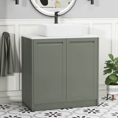 Royal Bathrooms Royal Bathroom Elmore 800mm Matt Green Freestanding Countertop Bathroom Vanity Unit 2 Door Plain White Worktop With Cube Basin - image 1