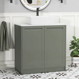 Royal Bathrooms Royal Bathroom Elmore 800mm Matt Green Freestanding Countertop Bathroom Vanity Unit 2 Door Plain White Worktop With Cube Basin - thumbnail 1