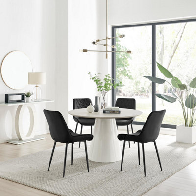 Furniturebox Uk Palma Beige Stone Effect Round Dining Table & 4 Black Pesaro Black Leg Chairs - image 1
