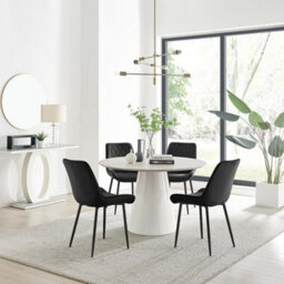 Furniturebox Uk Palma Beige Stone Effect Round Dining Table & 4 Black Pesaro Black Leg Chairs