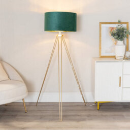 Valuelights Aero Hairpin Gold Tripod Floor Lamp With Forest Green Velvet And Gold Drum Lamp Shade And Led Bulb