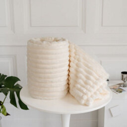 Homes & Linen Chunky Ribbed Cord Faux Fur Velvet Touch Sofa Bed Throwover Soft Touch Blanket Cream  (200 X 240Cm)
