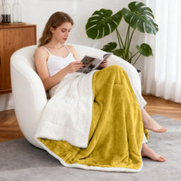 Aspire Homeware Ochre Sherpa Fleece Sofa Throw Blanket, Super King (L)270Cm X (W)230Cm