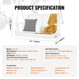 Vevor Wooden Porch Swing 4 Ft, Patio Bench Swing For Courtyard & Garden, Upgraded 880 Lbs Strong Load Capacity, White - thumbnail 7
