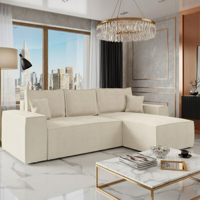 Malaga L Shaped Mdf Corner Sofa Bed With Storage And Pull Out Seat Loose Back Cushions Cream Corduroy Right - image 1