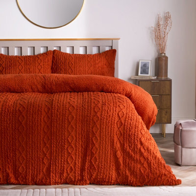 Ohs Cable Knit Fleece Duvet Cover Set Warm Reversible Bedding, Rust - King - image 1
