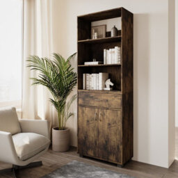 Urbn-Living Urbnliving 5 Tier Wooden Free Standing Display Cabinet Bookcase Wide Shelves Drawer Storage, Rustic Brown