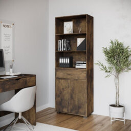 Urbn-Living Urbnliving 5 Tier Wooden Free Standing Display Cabinet Bookcase Wide Shelves Drawer Storage, Rustic Brown - thumbnail 2