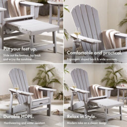 Vonhaus Grey Adirondack Chair With Footrest, Reclining Garden Chair, Weather Resistant Hdpe Outdoor Armchair For Patio, Westport - thumbnail 3