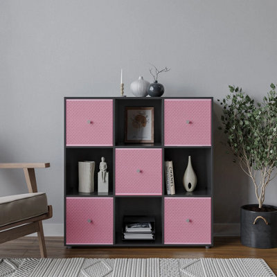 Urbn-Living Urbnliving 9 Cube Black Wooden Bookcase Shelving Unit With 5 Collapsible Fabric Drawers - Pastel Pink - image 1