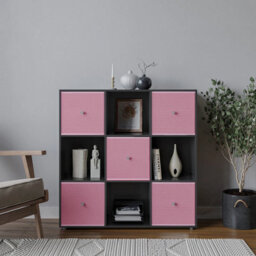 Urbn-Living Urbnliving 9 Cube Black Wooden Bookcase Shelving Unit With 5 Collapsible Fabric Drawers - Pastel Pink