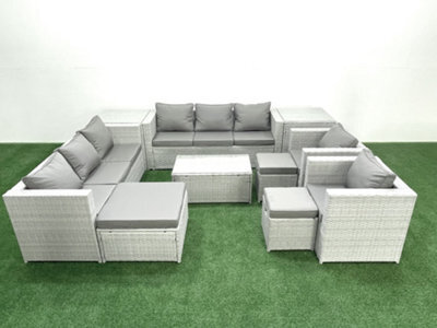 Fimous Outdoor Rattan Sofa Garden Furniture Set 2 Armchairs Oblong Coffee Table 3 Stools 2 Side Tables Light Grey - image 1
